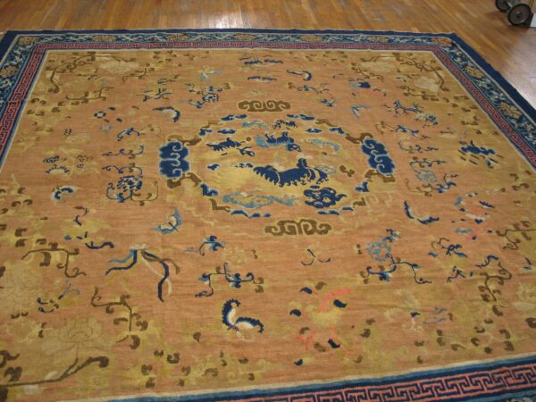 Rare yellow square mid 18th century antique chinese ningxia carpet 6 Mid-18th century chinese ningxia carpet, angled view of the whole carpet, stock number 20853