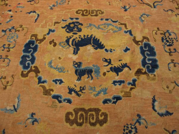 Rare yellow square mid 18th century antique chinese ningxia carpet 7 Mid-18th century chinese ningxia carpet, central roundel with mythical beasts and clouds, stock number 20853