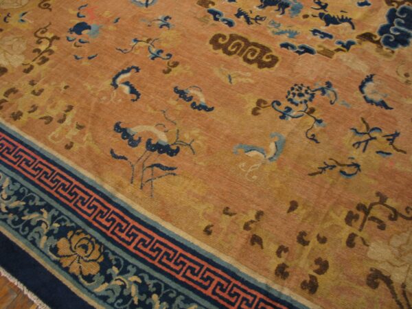 Rare yellow square mid 18th century antique chinese ningxia carpet 9 Mid-18th century chinese ningxia carpet, cranes and blossoms in the field beside the border, stock number 20853