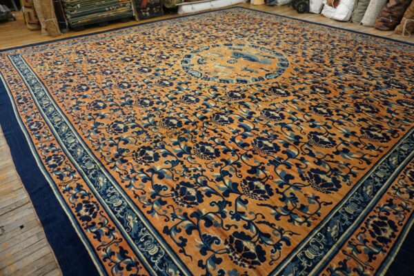 Mid-19th century chinese ningxia carpet, angled view of the whole carpet, stock number 24013