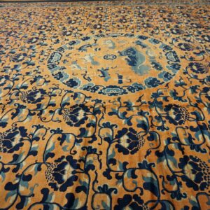 Mid-19th century Chinese Ningxia carpet, wide view across the field to the central roundel, stock number 24013