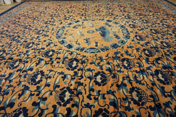 Mid-19th century chinese ningxia carpet, wide view across the field to the central roundel, stock number 24013