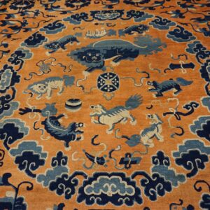 Mid-19th century Chinese Ningxia carpet, central roundel with mythical beasts among clouds, stock number 24013