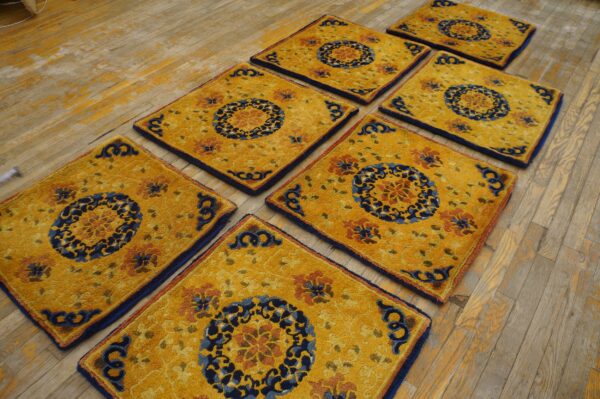 Set of 7 antique small square yellow chinese ningxia rugs 4 Set of seven 19th century chinese ningxia mats, the mats laid out together, stock number 25198