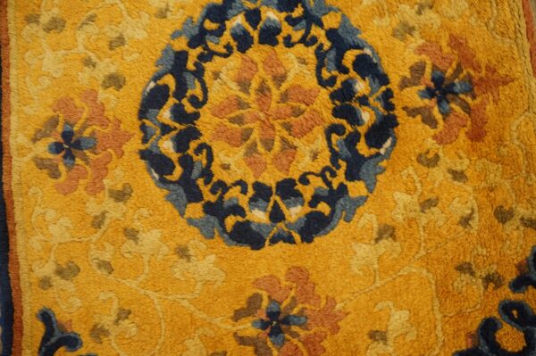 Set of 7 antique small square yellow chinese ningxia rugs 9 Set of seven 19th century chinese ningxia mats, medallion and scattered blossoms on the yellow ground, stock number 25198