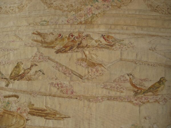 Antique tapestry french ivory 1750s rug 9 18th century french tapestry, small birds perched on a garland, stock number 20319