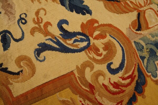 Antique french allover floral flat weave rug 11 Early 18th century french tapestry weave rug, close view of an acanthus scroll, stock number 25095