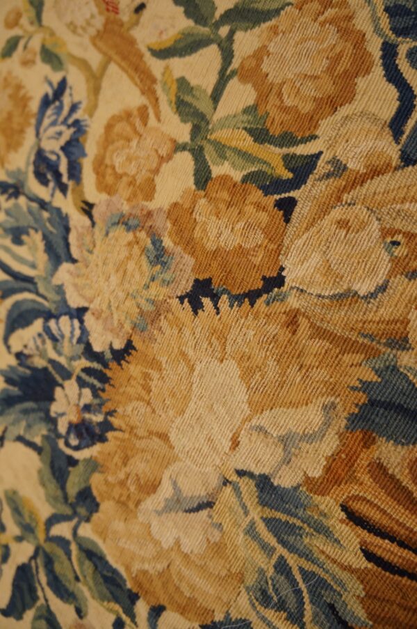 Antique french allover floral flat weave rug 13 Early 18th century french tapestry weave rug, close view of a peony, stock number 25095