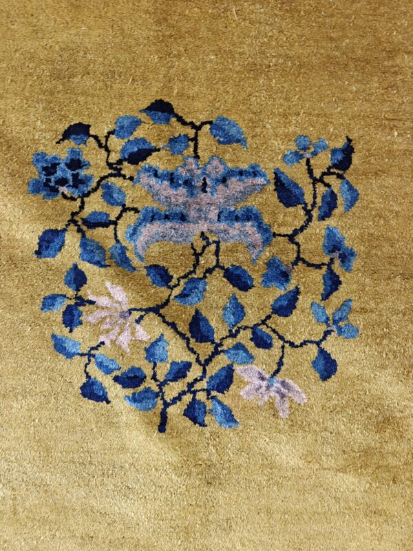 Antique peking chinese floral medallion yellow 1920s rug, detail photo 3, stock number 24140