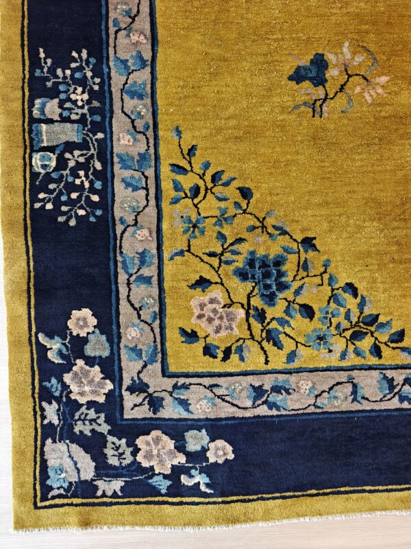 Antique peking chinese floral medallion yellow 1920s rug, detail photo 4, stock number 24140