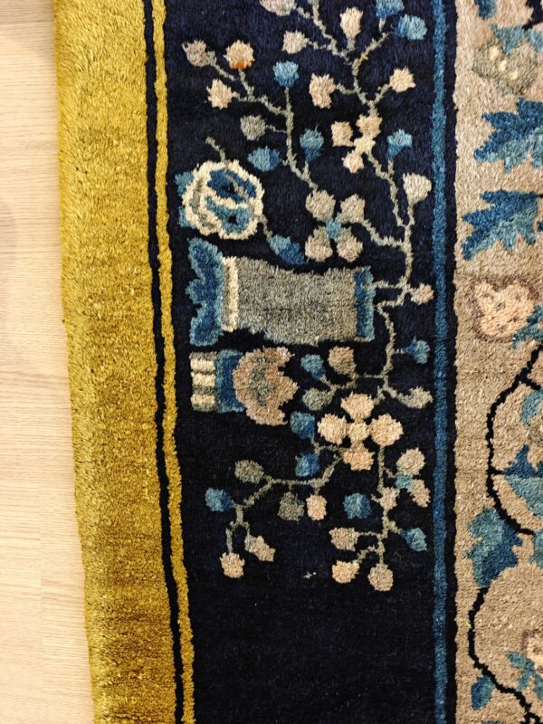 Antique peking chinese floral medallion yellow 1920s rug, detail photo 5, stock number 24140