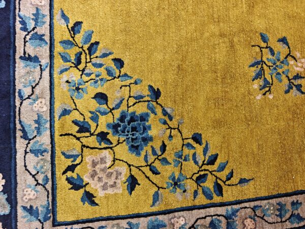 Antique peking chinese floral medallion yellow 1920s rug, detail photo 6, stock number 24140