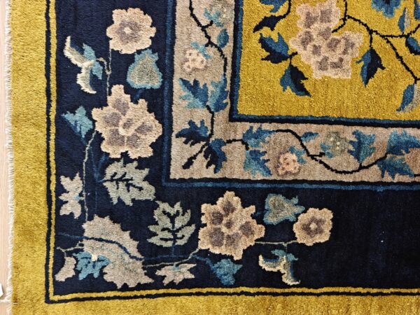 Antique peking chinese floral medallion yellow 1920s rug, detail photo 7, stock number 24140