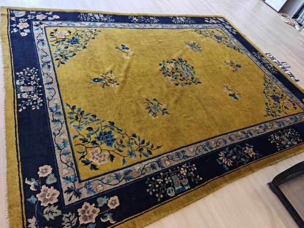 Antique peking chinese floral medallion yellow 1920s rug, detail photo 8, stock number 24140