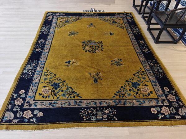 Antique peking chinese floral medallion yellow 1920s rug, detail photo 9, stock number 24140