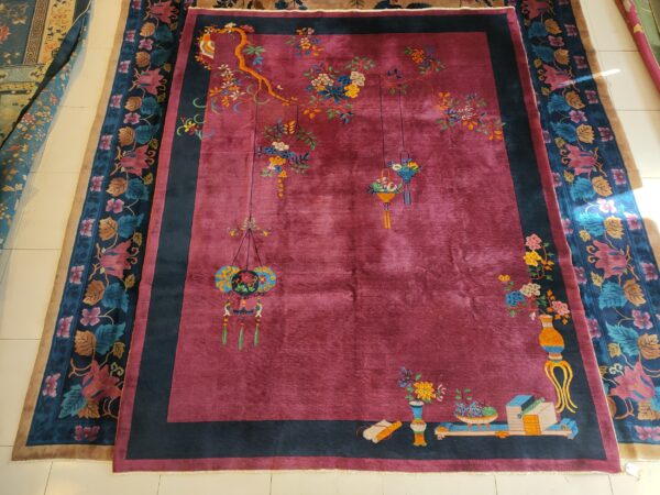 Antique purple classic floral vase pattern chinese deco carpet 2 Antique purple classic floral vase pattern chinese deco carpet, detail photo 1, stock number 24499