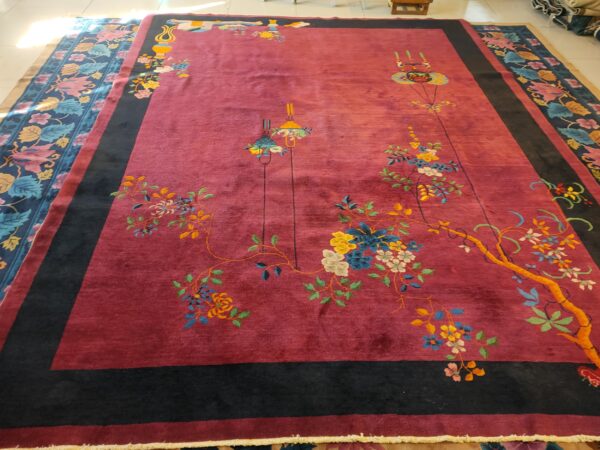 Antique purple classic floral vase pattern chinese deco carpet 11 Antique purple classic floral vase pattern chinese deco carpet, detail photo 10, stock number 24499