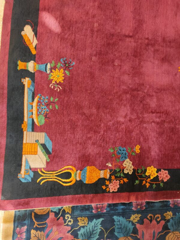 Antique purple classic floral vase pattern chinese deco carpet 3 Antique purple classic floral vase pattern chinese deco carpet, detail photo 2, stock number 24499