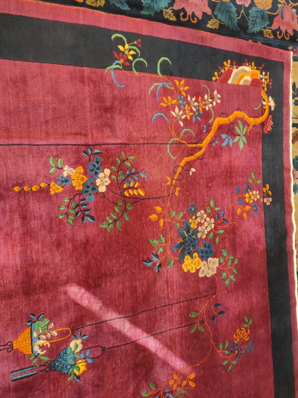 Antique purple classic floral vase pattern chinese deco carpet 5 Antique purple classic floral vase pattern chinese deco carpet, detail photo 4, stock number 24499