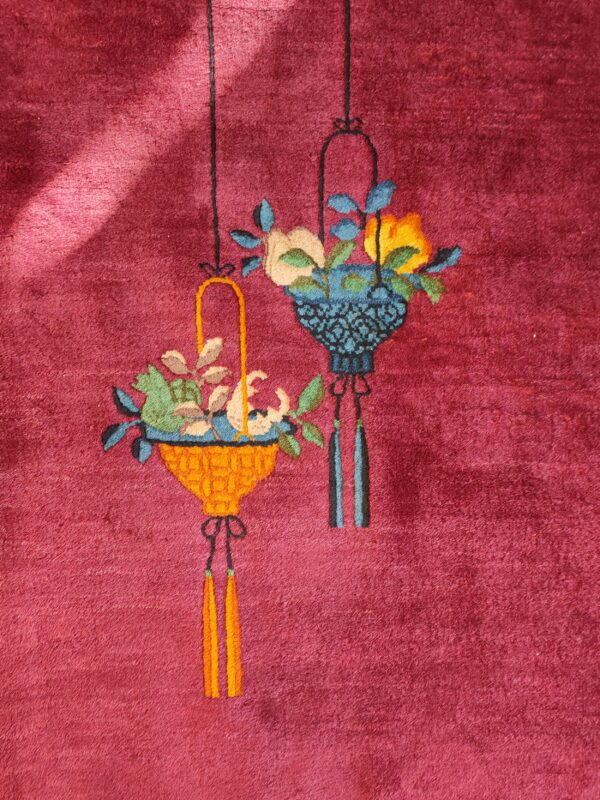Antique purple classic floral vase pattern chinese deco carpet 6 Antique purple classic floral vase pattern chinese deco carpet, detail photo 5, stock number 24499
