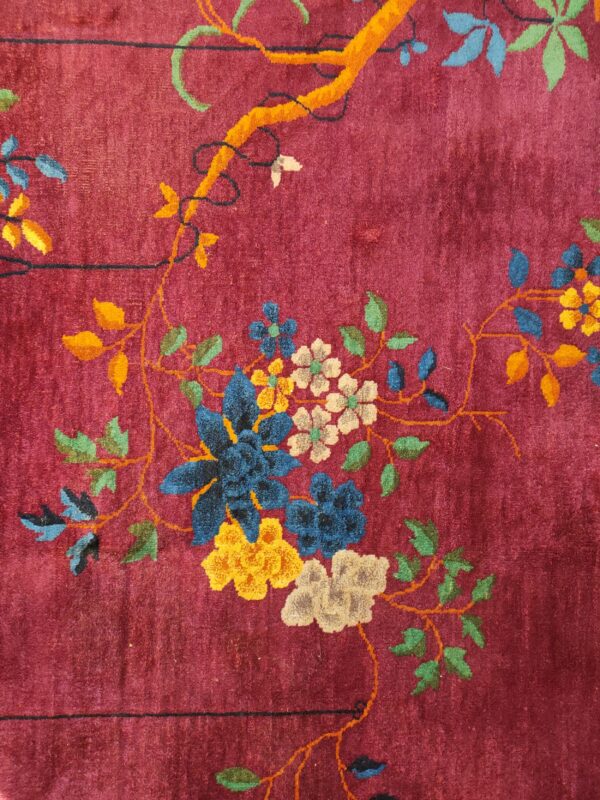 Antique purple classic floral vase pattern chinese deco carpet 7 Antique purple classic floral vase pattern chinese deco carpet, detail photo 6, stock number 24499