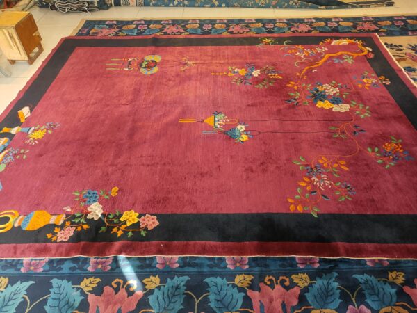Antique purple classic floral vase pattern chinese deco carpet 9 Antique purple classic floral vase pattern chinese deco carpet, detail photo 8, stock number 24499