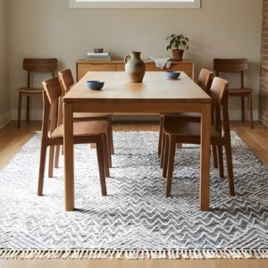 Celia Kilim Gray and Ivory Handmade Wool Rug - dining room styled overhead view