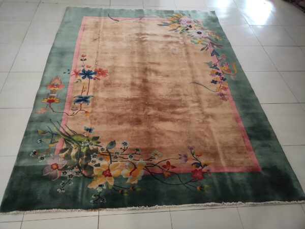 Chinese art deco ivory room size rectangle 1920s wool antique knotted rug 10 Chinese art deco ivory room size rectangle 1920s wool antique knotted rug, detail photo 6, stock number 22464