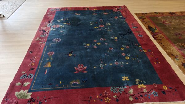 Chinese - art deco rectangle 1920s knotted antique blue wool room size rug, detail photo 10, stock number 25948