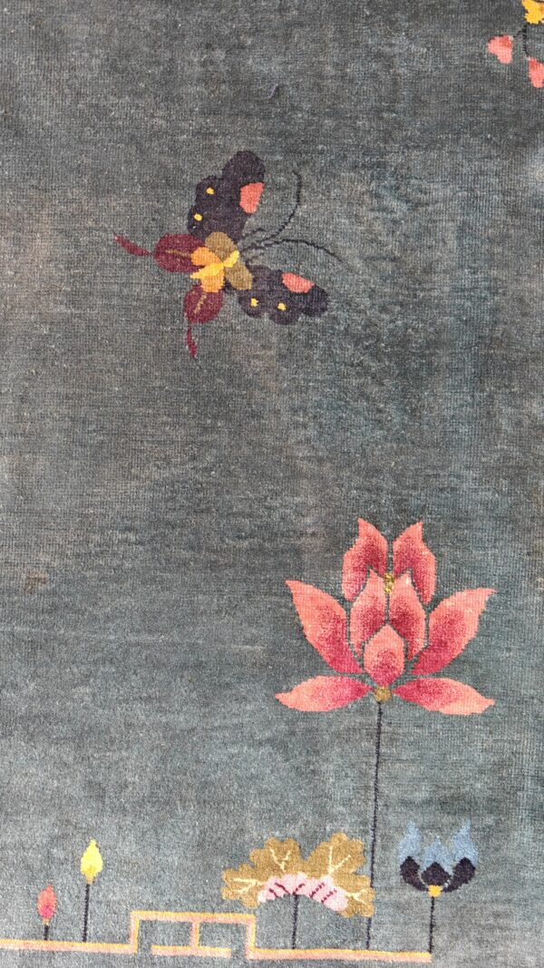 Chinese - art deco rectangle 1920s knotted antique blue wool room size rug, detail photo 2, stock number 25948
