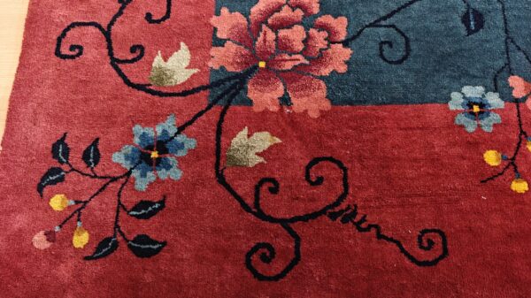 Chinese - art deco rectangle 1920s knotted antique blue wool room size rug, detail photo 7, stock number 25948
