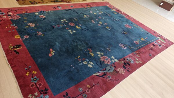 Chinese - art deco rectangle 1920s knotted antique blue wool room size rug, detail photo 9, stock number 25948