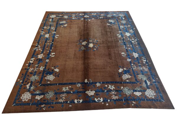 Minimalist open brown color field floral chinese room size peking wool rug, detail photo 2, stock number 18962