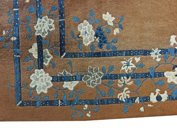 Minimalist open brown color field floral chinese room size peking wool rug, detail photo 3, stock number 18962