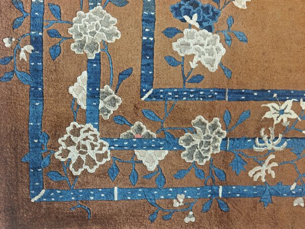 Minimalist open brown color field floral chinese room size peking wool rug, detail photo 4, stock number 18962