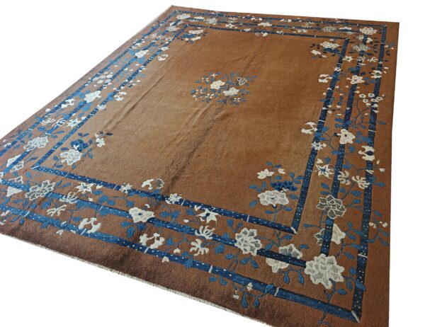 Minimalist open brown color field floral chinese room size peking wool rug, detail photo 5, stock number 18962