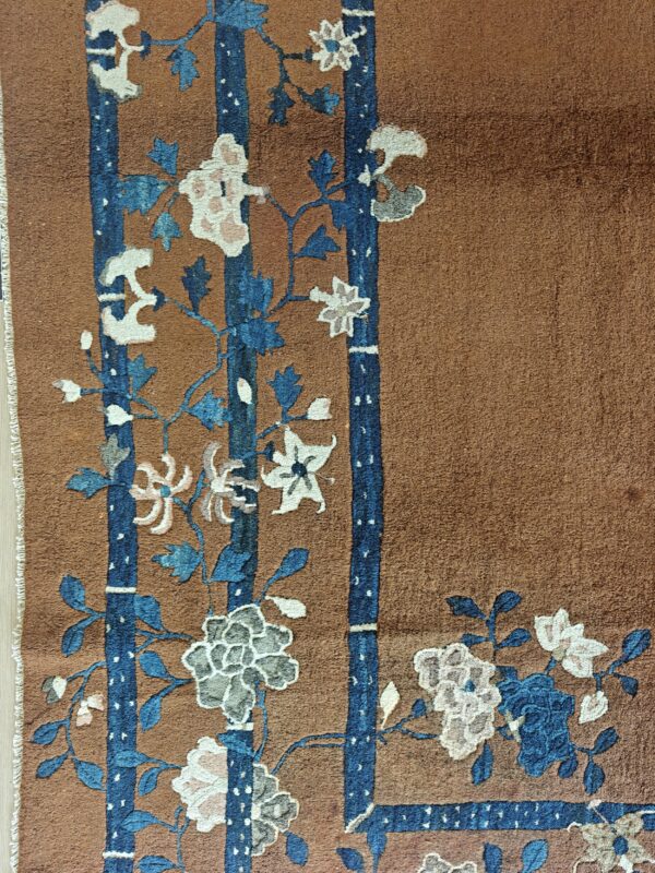 Minimalist open brown color field floral chinese room size peking wool rug, detail photo 7, stock number 18962