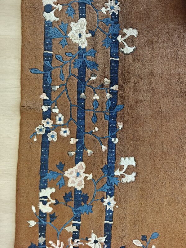 Minimalist open brown color field floral chinese room size peking wool rug, detail photo 9, stock number 18962