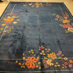 Navy Blue Color Field Antique Floral Pattern Chinese Deco Rug by Walter Nichols, detail photo 1, stock number 25227