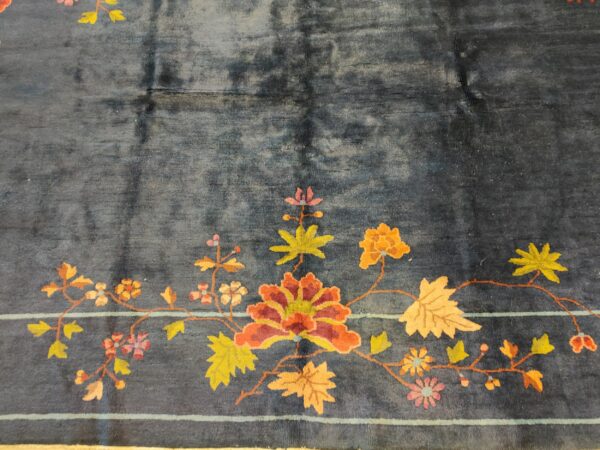 Navy blue color field antique floral pattern chinese deco rug by walter nichols 17 Navy blue color field antique floral pattern chinese deco rug by walter nichols, detail photo 10, stock number 25227