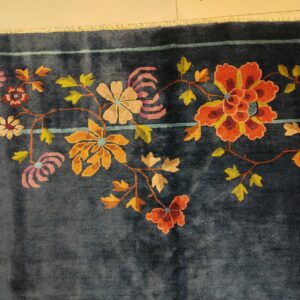 Navy Blue Color Field Antique Floral Pattern Chinese Deco Rug by Walter Nichols, detail photo 12, stock number 25227