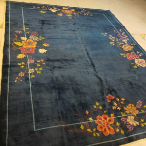 Navy Blue Color Field Antique Floral Pattern Chinese Deco Rug by Walter Nichols, detail photo 14, stock number 25227