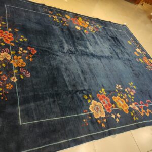 Navy Blue Color Field Antique Floral Pattern Chinese Deco Rug by Walter Nichols, detail photo 15, stock number 25227