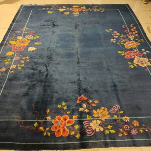 Navy Blue Color Field Antique Floral Pattern Chinese Deco Rug by Walter Nichols, detail photo 2, stock number 25227