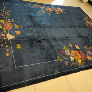 Navy Blue Color Field Antique Floral Pattern Chinese Deco Rug by Walter Nichols, detail photo 3, stock number 25227