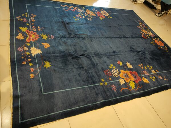 Navy blue color field antique floral pattern chinese deco rug by walter nichols 10 Navy blue color field antique floral pattern chinese deco rug by walter nichols, detail photo 3, stock number 25227