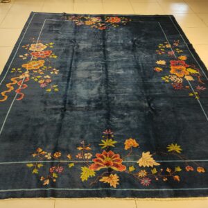 Navy Blue Color Field Antique Floral Pattern Chinese Deco Rug by Walter Nichols, detail photo 4, stock number 25227