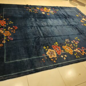 Navy Blue Color Field Antique Floral Pattern Chinese Deco Rug by Walter Nichols, detail photo 5, stock number 25227