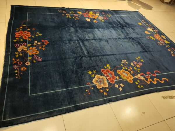 Navy blue color field antique floral pattern chinese deco rug by walter nichols 12 Navy blue color field antique floral pattern chinese deco rug by walter nichols, detail photo 5, stock number 25227