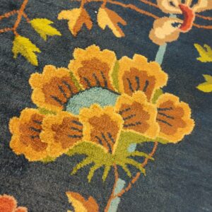 Navy Blue Color Field Antique Floral Pattern Chinese Deco Rug by Walter Nichols, detail photo 7, stock number 25227